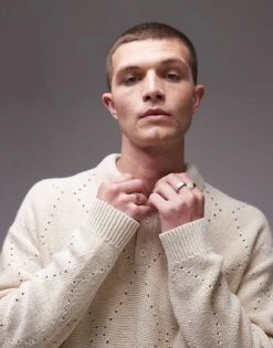 Topman Oversized Diamond Pointelle Knitted Polo In Cream For Men Ecru -Daily Wardrobe Shop 206718668 1 ecru 1