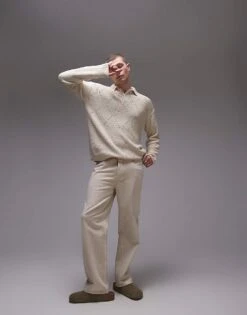 Topman Oversized Diamond Pointelle Knitted Polo In Cream For Men Ecru -Daily Wardrobe Shop 206718668 3
