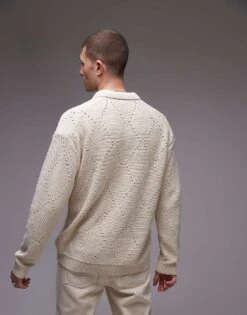 Topman Oversized Diamond Pointelle Knitted Polo In Cream For Men Ecru -Daily Wardrobe Shop 206718668 4