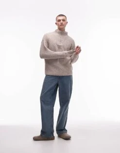 Topman Oversized 1/4 Zip Jumper In Oat For Men 10 Topman Oversized 1/4 Zip Jumper In Oat For Men -Daily Wardrobe Shop 206718676 4