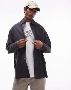 Topman Long Sleeve Oversized Shirt In Washed Charcoal For Men -Daily Wardrobe Shop 206738228 2