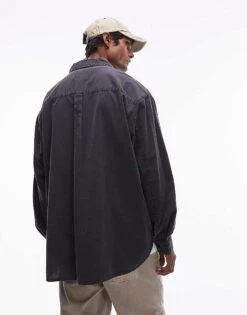 Topman Long Sleeve Oversized Shirt In Washed Charcoal For Men -Daily Wardrobe Shop 206738228 3
