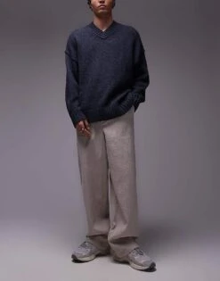 Topman Wide Leg Textured Trousers In Stone For Men -Daily Wardrobe Shop 206750015 4