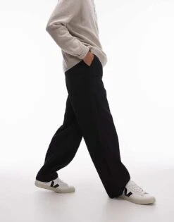 Topman Wide Leg Textured Trousers In Black For Men -Daily Wardrobe Shop 206750016 5