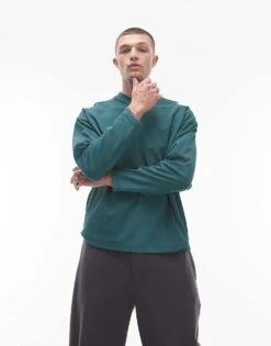 Topman V Neck Long Sleeve Washed T-shirt In Green For Men Dark Green