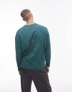 Topman V Neck Long Sleeve Washed T-shirt In Green For Men Dark Green -Daily Wardrobe Shop 206770458 3