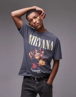 Topman Oversized Fit T-shirt With Nirvana Unplugged Print In Washed Black For Men Washed Charcoal -Daily Wardrobe Shop 206885022 1 washedcharcoal 1