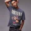 Topman Oversized Fit T-shirt With Nirvana Unplugged Print In Washed Black For Men Washed Charcoal -Daily Wardrobe Shop 206885022 1 washedcharcoal