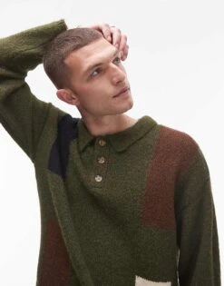 Topman Colour Block Polo In Khaki For Men