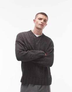 Topman Chenille V Neck Jumper In Charcoal For Men