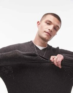 Topman Chenille V Neck Jumper In Charcoal For Men -Daily Wardrobe Shop 206910178 3