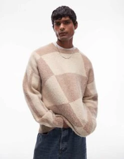 Topman Ecru And Brown Colour Block Jumper For Men -Daily Wardrobe Shop 206910188 1 ecru 1