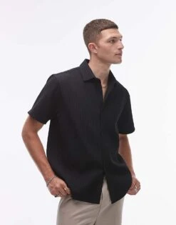 Topman Short Sleeve Button Through Plisse Shirt In Black For Men -Daily Wardrobe Shop 206929800 1 black 1