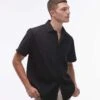 Topman Short Sleeve Button Through Plisse Shirt In Black For Men -Daily Wardrobe Shop 206929800 1 black