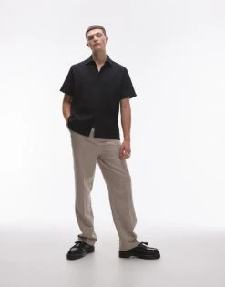 Topman Short Sleeve Button Through Plisse Shirt In Black For Men -Daily Wardrobe Shop 206929800 2