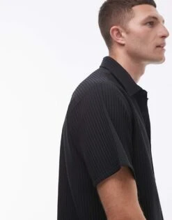 Topman Short Sleeve Button Through Plisse Shirt In Black For Men -Daily Wardrobe Shop 206929800 3