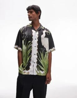 Topman Short Sleeve Satin Heron Shirt In Black For Men