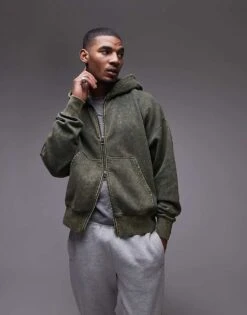 Topman Premium Heavyweight Oversized Acid Wash Zip Through Hoodie In Washed Khaki For Men