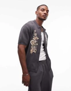 Topman Relaxed Floral Embroidered Knitted Shirt In Grey For Men