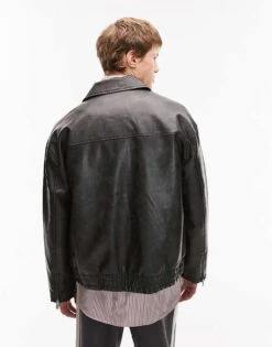 Topman Faux Leather Bomber Jacket With Wash Effect In Black For Men -Daily Wardrobe Shop 206988836 3