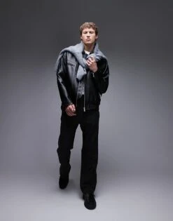 Topman Faux Leather Bomber Jacket In Black For Men -Daily Wardrobe Shop 206988845 4