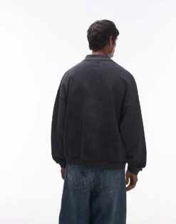 Topman Oversized Fit Sweat Polo In Washed Black For Men -Daily Wardrobe Shop 206989190 4