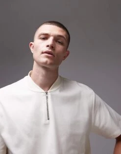 Topman Oversized Fit Polo With Zip Detail In Ecru For Men -Daily Wardrobe Shop 206989198 1 ecru 1