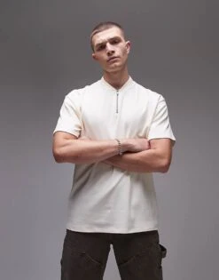 Topman Oversized Fit Polo With Zip Detail In Ecru For Men -Daily Wardrobe Shop 206989198 3