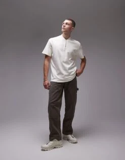 Topman Oversized Fit Polo With Zip Detail In Ecru For Men -Daily Wardrobe Shop 206989198 4