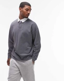 Topman Oversized Fit Polo With Woven Collar In Washed Charcoal For Men -Daily Wardrobe Shop 206989230 2