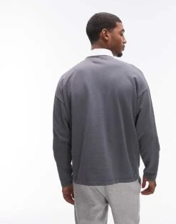 Topman Oversized Fit Polo With Woven Collar In Washed Charcoal For Men -Daily Wardrobe Shop 206989230 4