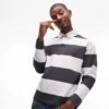 Topman Oversized Fit Stripe Polo With Woven Collar In Charcoal For Men White