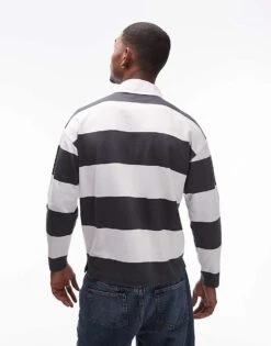 Topman Oversized Fit Stripe Polo With Woven Collar In Charcoal For Men White -Daily Wardrobe Shop 206989262 4
