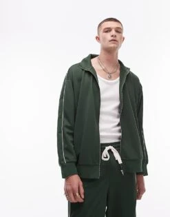Topman Oversized Fit Full Zip Through Sweatshirt Co-ord With Double Piping Detail In Sporty Green For Men -Daily Wardrobe Shop 206989278 3