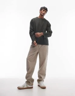 Topman Oversized Fit Textured Heavy Weight Henley T-shirt In Khaki For Men -Daily Wardrobe Shop 206989286 4