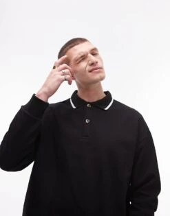 Topman Oversized Fit Sweat Polo With Tipped Collar In Black For Men -Daily Wardrobe Shop 206989294 1 black 1