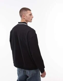 Topman Oversized Fit Sweat Polo With Tipped Collar In Black For Men -Daily Wardrobe Shop 206989294 4