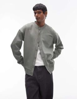 Topman Oversized Fit Crew Neck Cardigan In Sage For Men