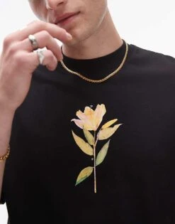 Topman Premium Oversized Fit T-shirt With Front And Back Pressed Lily Print In Black For Men -Daily Wardrobe Shop 206992714 3