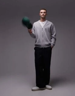 Topman Oversized Fit V Neck Zip Through In Grey Marl For Men