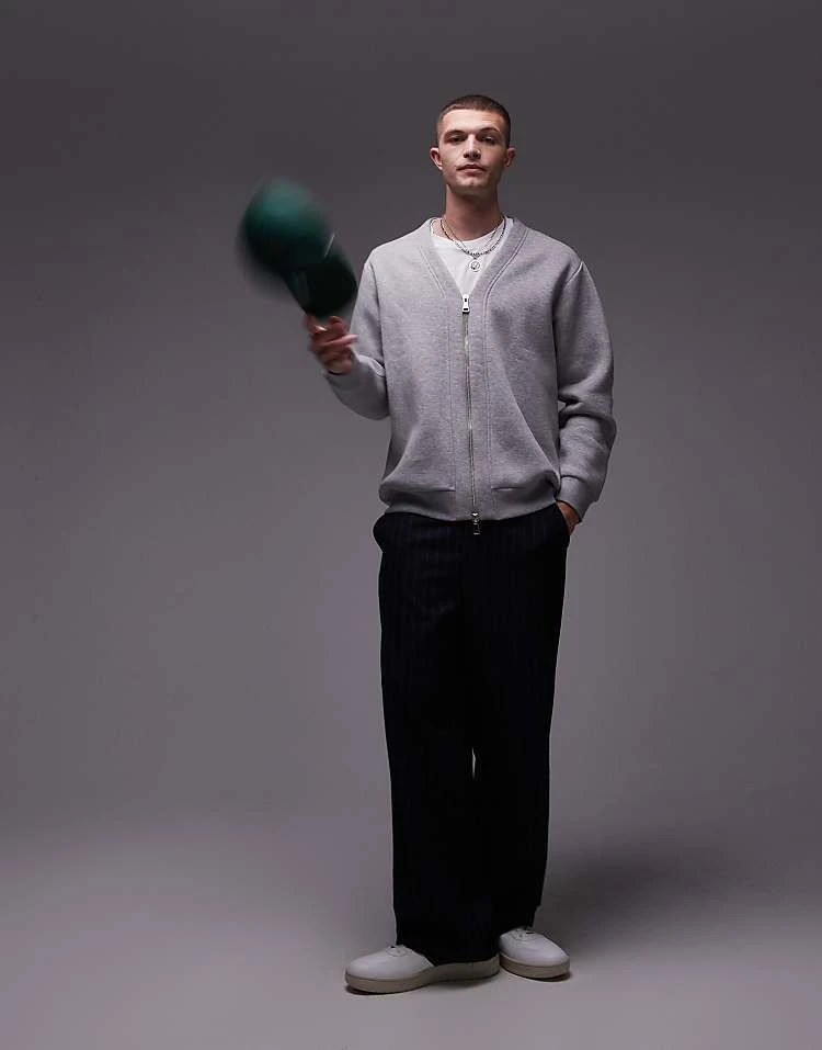 Topman Oversized Fit V Neck Zip Through In Grey Marl For Men 3 Topman Oversized Fit V Neck Zip Through In Grey Marl For Men