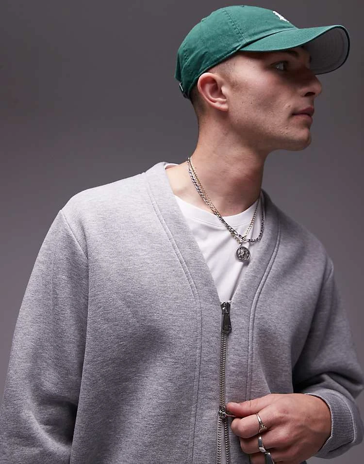 Topman Oversized Fit V Neck Zip Through In Grey Marl For Men 6 Topman Oversized Fit V Neck Zip Through In Grey Marl For Men - Image 4