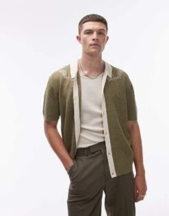Topman Relaxed Embroidered Knitted Shirt In Khaki For Men -Daily Wardrobe Shop 207000047 1 khaki 1