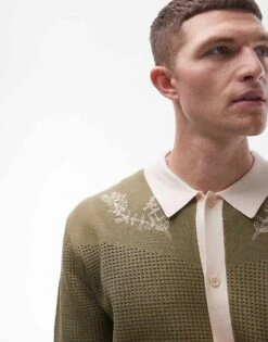 Topman Relaxed Embroidered Knitted Shirt In Khaki For Men -Daily Wardrobe Shop 207000047 2