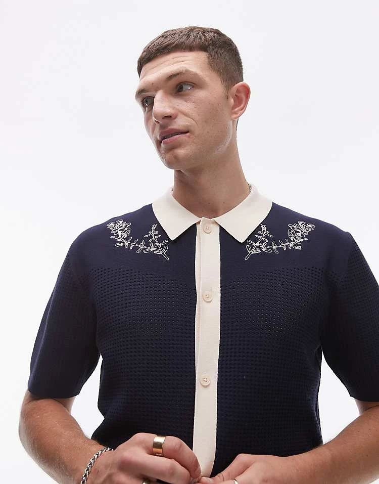 Topman Relaxed Embroidered Knitted Shirt In Navy For Men 4 Topman Relaxed Embroidered Knitted Shirt In Navy For Men - Image 2
