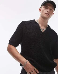 Topman Knitted Revere Polo In Black For Men -Daily Wardrobe Shop 207000068 1 black 1