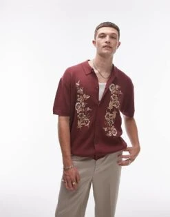 Topman Relaxed Floral Embroidered Knitted Shirt In Plum For Men 11 Topman Relaxed Floral Embroidered Knitted Shirt In Plum For Men -Daily Wardrobe Shop 207000083 1 plum 1