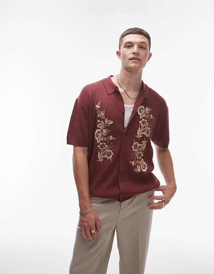 Topman Relaxed Floral Embroidered Knitted Shirt In Plum For Men 3 Topman Relaxed Floral Embroidered Knitted Shirt In Plum For Men