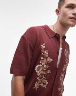 Topman Relaxed Floral Embroidered Knitted Shirt In Plum For Men 9 Topman Relaxed Floral Embroidered Knitted Shirt In Plum For Men -Daily Wardrobe Shop 207000083 3