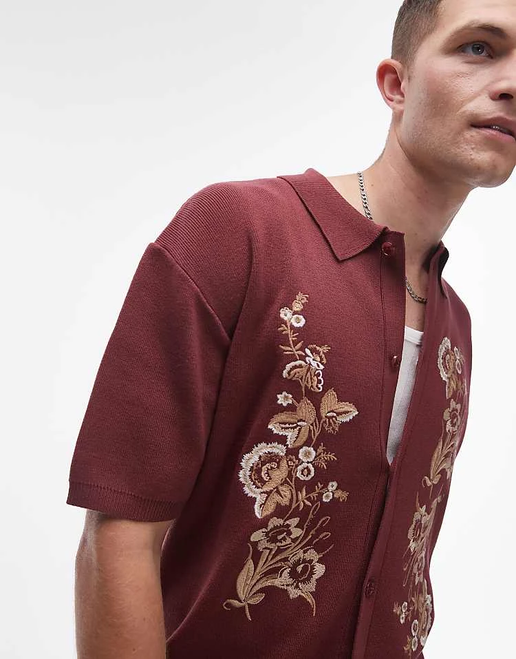 Topman Relaxed Floral Embroidered Knitted Shirt In Plum For Men 5 Topman Relaxed Floral Embroidered Knitted Shirt In Plum For Men - Image 3